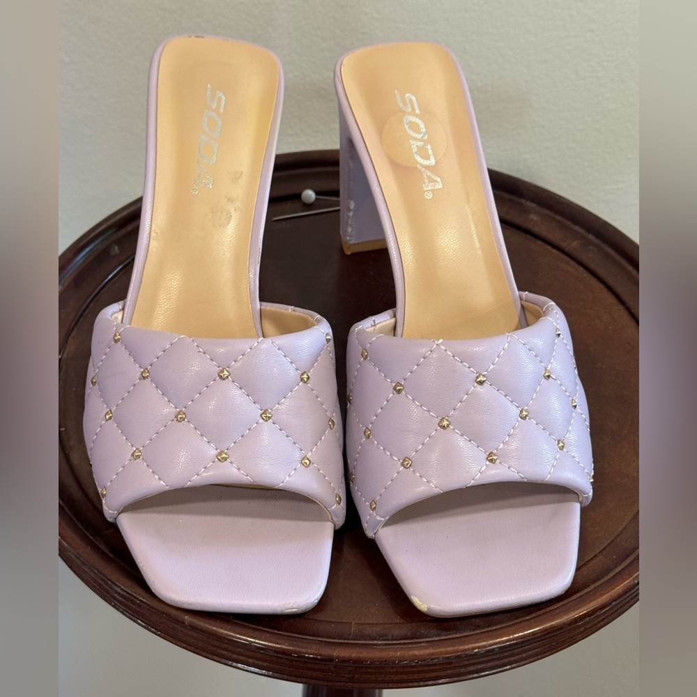SODA Jello slip on block heels purple 6.5 quilted upper gold studs mules formal